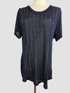 Vocal Mesh Top Sz L Navy Blue Rhinestone Studded Sheer Crochet Short Sleeve